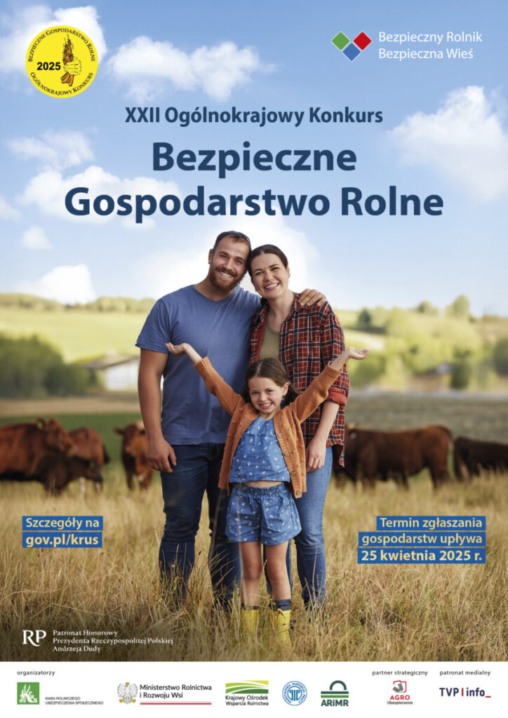 Rodzinna scena na tle farmy z krówkami, promująca XXII Ogólnokrajowy Konkurs "Bezpieczne Gospodarstwo Rolne". Uśmiechnięta rodzina: tata, mama i dziewczynka, szczęśliwi na polu. Informacje o terminie zgłaszania gospodarstw do 25 kwietnia 2025 roku oraz szczegóły na gov.pl/krus.