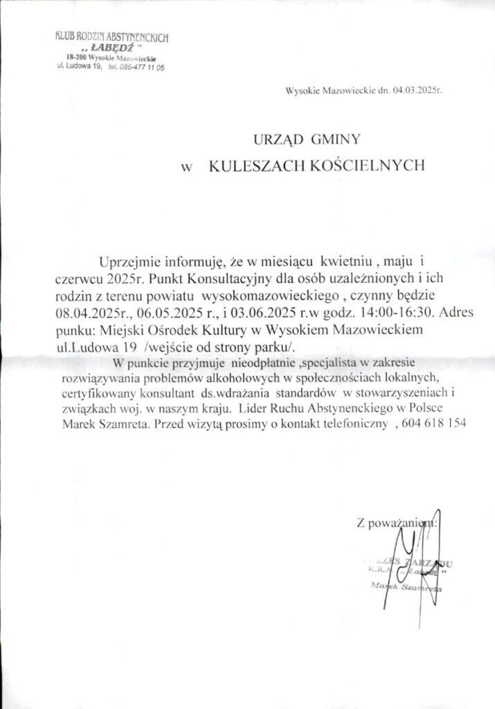 Ogłoszenie Urzędu Gminy w Kuleszach Kościelnych informujące o punktach konsultacyjnych dla osób uzależnionych oraz ich rodzin w maju i czerwcu 2025 roku, zawierające informacje o terminach i lokalizacji.