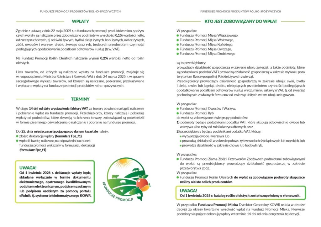 Alt text: Dokument dotyczący funduszy promocji produktów rolno-spożywczych w Polsce, zawierający informacje o wpłatach, terminach oraz zobowiązaniach dla przedsiębiorców w zakresie naliczania VAT.
