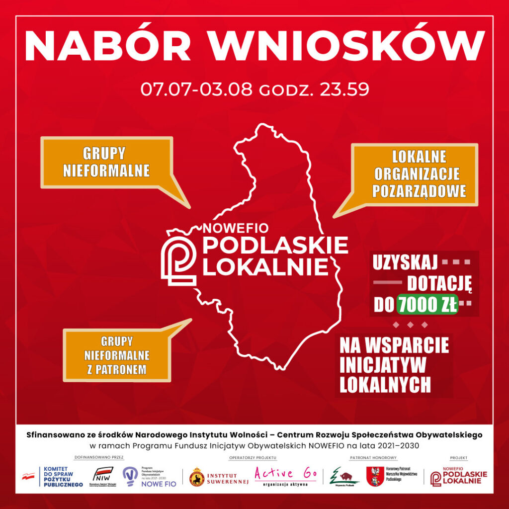 Baner informacyjny o naborze wniosków w programie Nowe FIO Podlaskie Lokalnie. Data naboru 07.07-03.08, godz. 23.59. Zachęta do uzyskania dotacji do 7000 zł na wsparcie lokalnych inicjatyw, skierowana do grup nieformalnych oraz lokalnych organizacji pozarządowych.