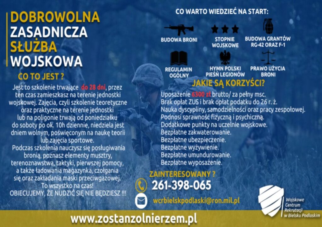 Plakat informacyjny dotyczący Dobrowolnej Zasadniczej Służby Wojskowej, zawierający informacje na temat szkolenia, jego przebiegu, korzyści oraz danych kontaktowych, przedstawiający żołnierza w akcji na tle leśnym.