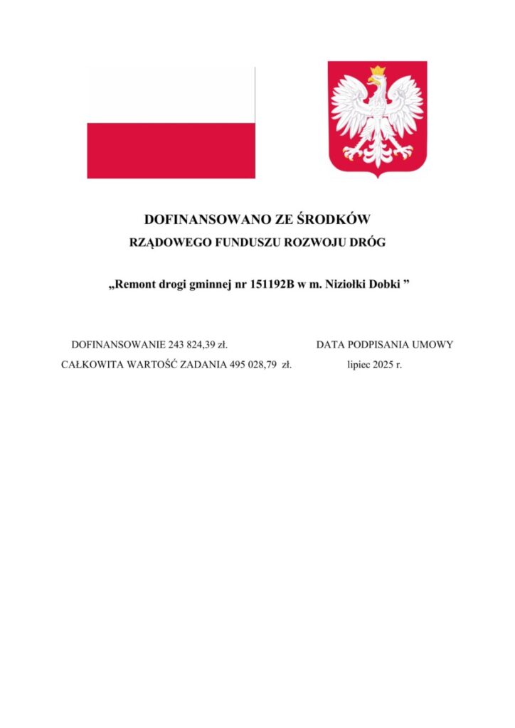 Dokument przedstawiający dofinansowanie na remont drogi gminnej nr 151192B w miejscowości Niziolki Dobki, z informacjami o kwotach dofinansowania oraz wartości całkowitej zadania, z datą podpisania umowy w lipcu 2025 roku.