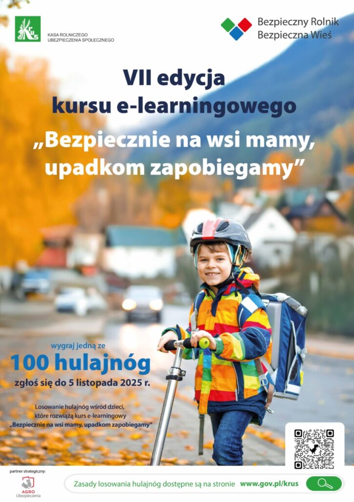Edukacyjna grafika promująca VII edycję e-learningowego kursu "Bezpiecznie na wsi mamy, upadkom zapobiegamy". Na obrazie widać radosnego chłopca na hulajnodze, ubrany w kolorowy płaszcz przeciwdeszczowy i kask, stojącego na chodniku w jesiennej scenerii. Informacja o loterii z nagrodami, w której do wygrania