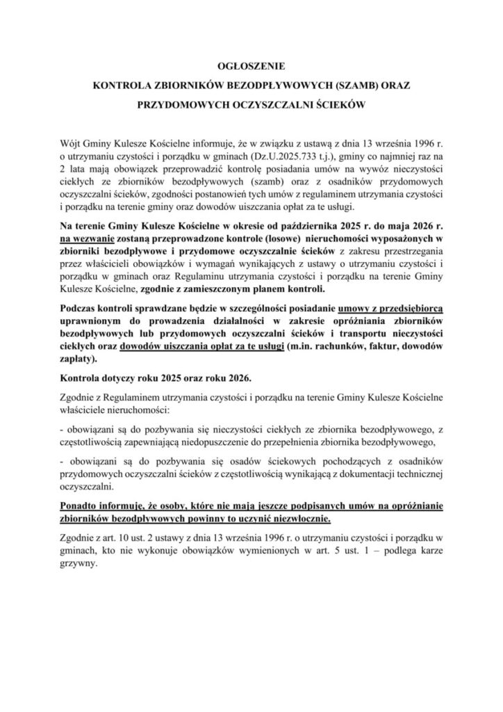 Ogłoszenie dotyczące kontroli zbiorników bezodpływowych i przydomowych oczyszczalni ścieków w Gminie Kulesze Kościelne w latach 2025-2026, zawierające informacje o obowiązkach właścicieli nieruchomości oraz konieczności posiadania odpowiednich umów i dokumentacji.