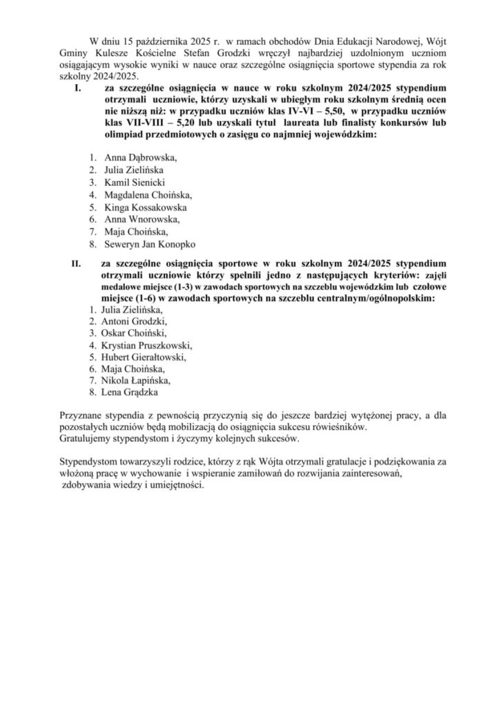 Uroczystość wręczenia stypendiów dla uczniów osiągających wysokie wyniki w nauce i sporcie w Kuleszach Kościelnych, 15 października 2025 roku. Wójt gminy Stefan Grodzki nagrodził uczniów za szczególne osiągnięcia edukacyjne oraz sportowe.