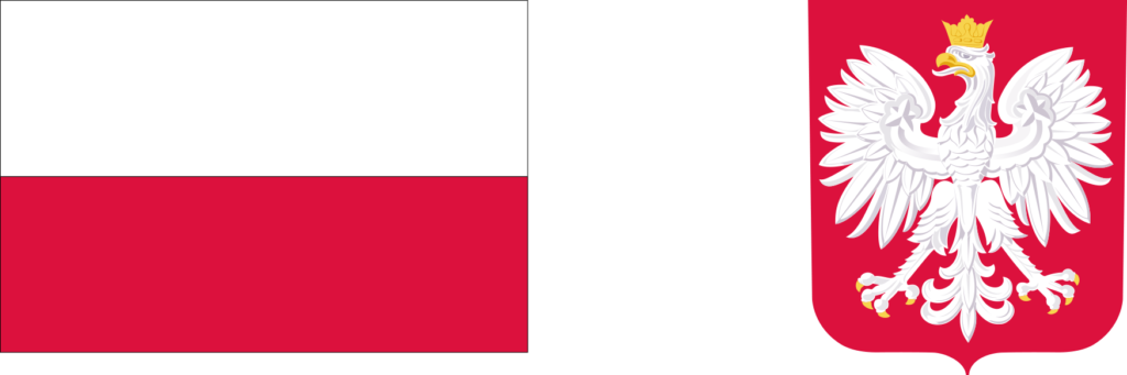 Flaga Polski obok herbu z białym orłem na czerwonym tle, symbole narodowe reprezentujące historię i kulturę kraju.