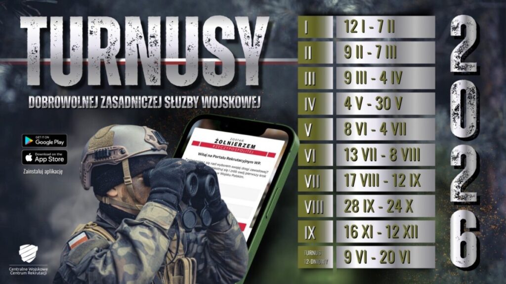 Tabela z terminami turnusów Dobrowolnej Zasadniczej Służby Wojskowej w 2026 roku, z informacjami o datach i możliwości aplikacji przez telefon. W tle żołnierz trzymający lornetkę.